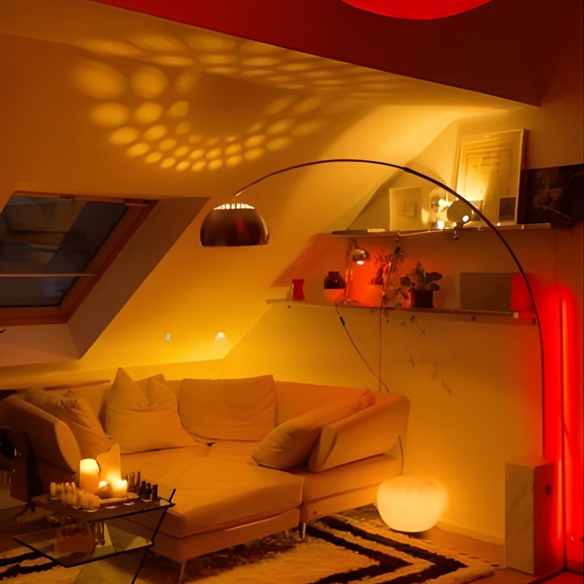 A modern, calm and relaxing living room gently lit with red light