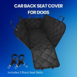 Car Back Seat Cover for Dogs is shown open with straps and buckles. Two black seat belts with metal clips are underneath. White text says: Car Back Seat Cover for Dogs and Includes 2 Black Seat Belts on a blue gradient background.