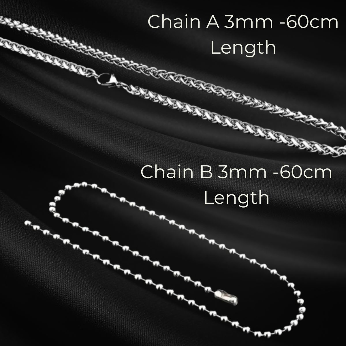 Two silver chains on black fabric: Top—3mm, 60cm twisted rope chain with clasp, perfect for the Hamsa Hand of Fatima Pendant; Bottom—3mm, 60cm beaded ball chain with cylindrical clasp. White labels ID each chain.