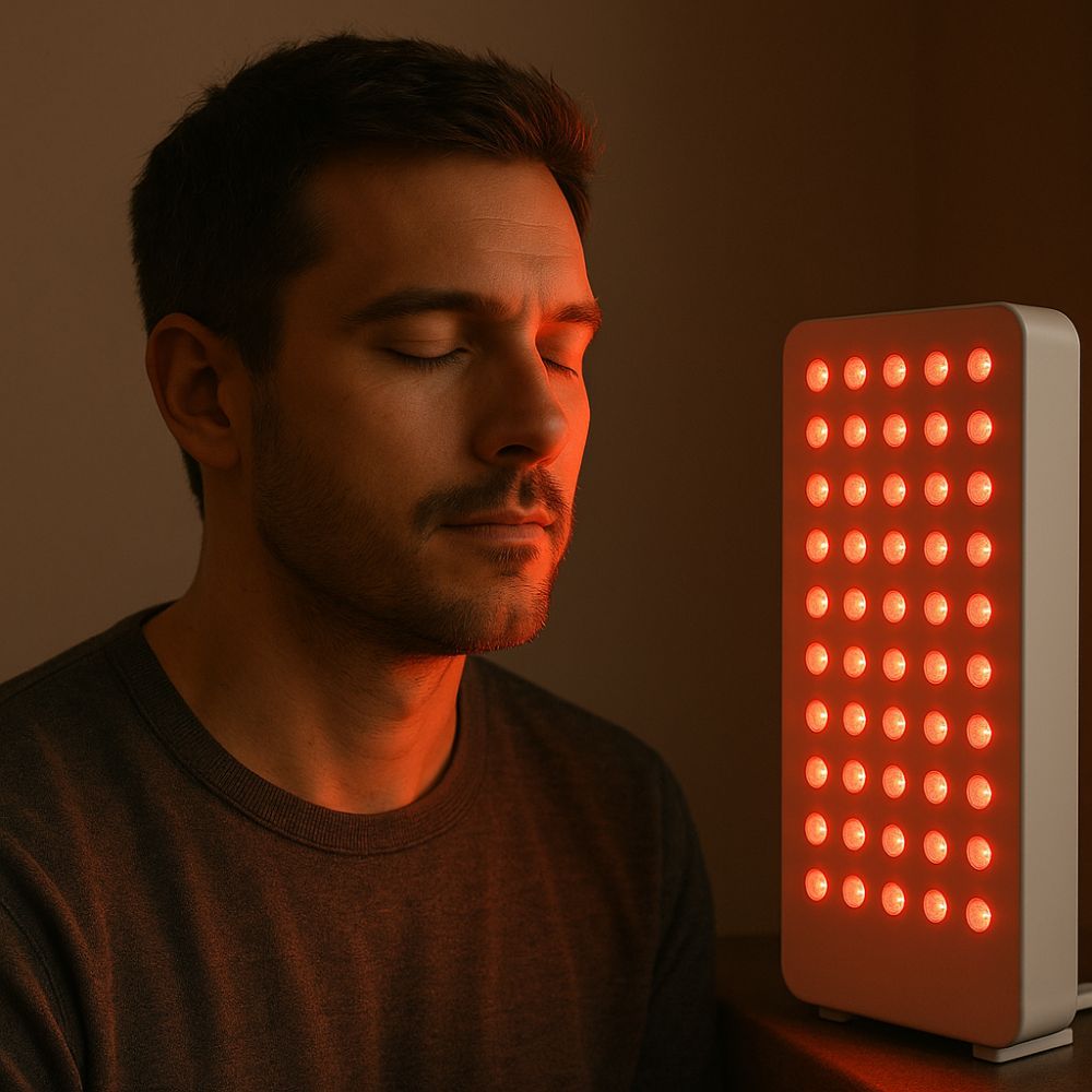 A man sits quietly near a red light therapy panel, eyes closed and face bathed in warm red light, in a minimalist home setting that reflects calm, balance and wellbeing