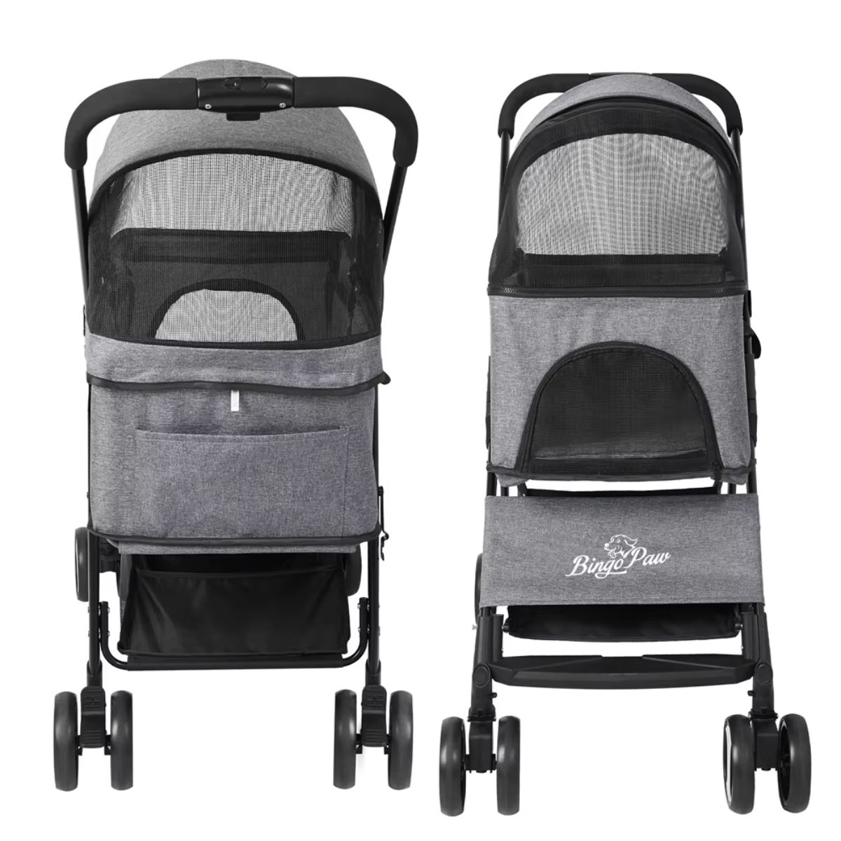Two gray Pet Dog Foldable Stroller with 4 Wheels and Rain Cover are side by side, each featuring a mesh canopy, front pocket, four wheels, and the BingoPaw logo on the rear flap, displayed against a plain white background.