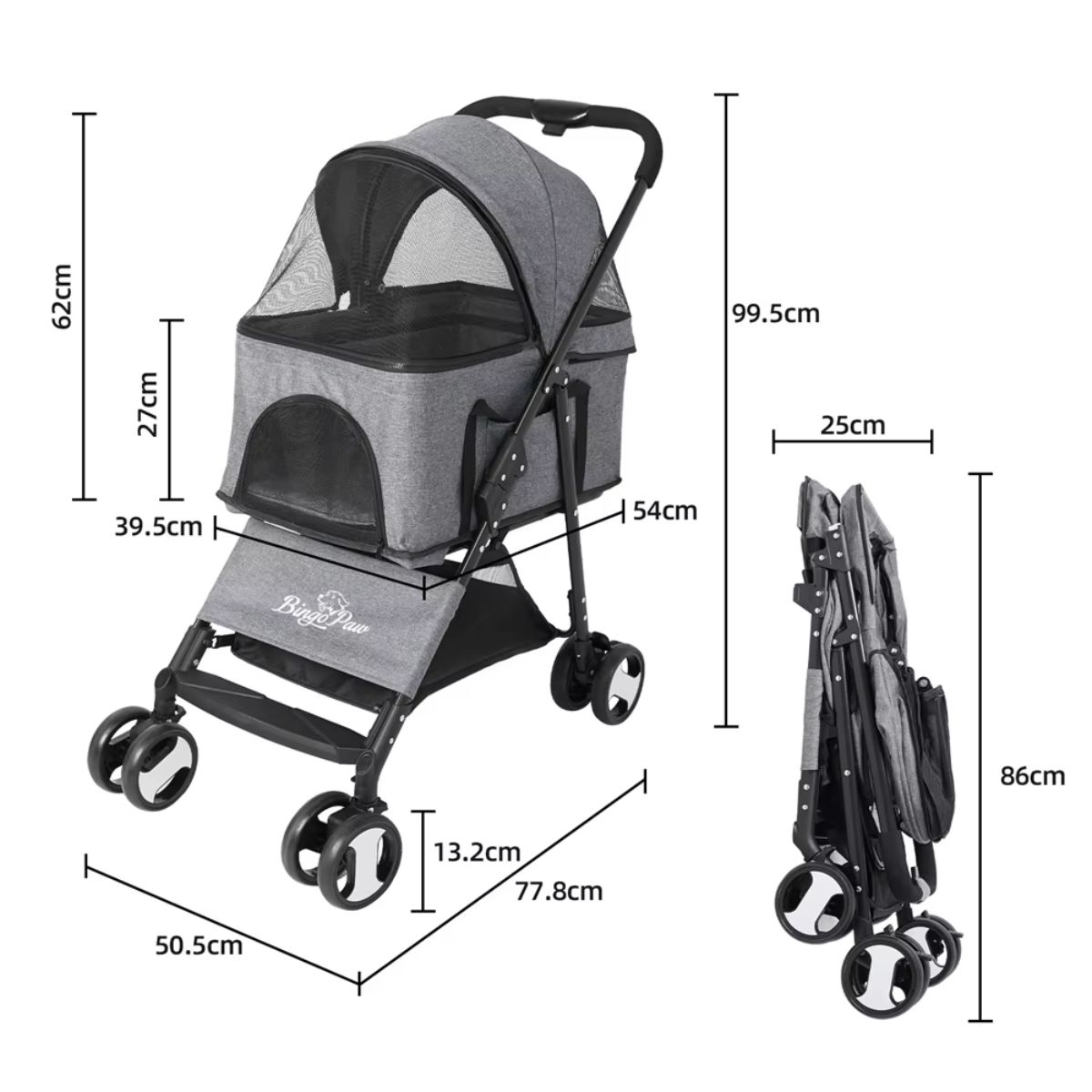 The gray Pet Dog Foldable Stroller with 4 Wheels and Rain Cover is shown open and folded. Open: height 99.5cm, length 77.8cm, width 50.5cm; basket: height 62cm, width 39.5cm, depth 54cm; folded: 86x25x13.2cm. Mesh canopy included.