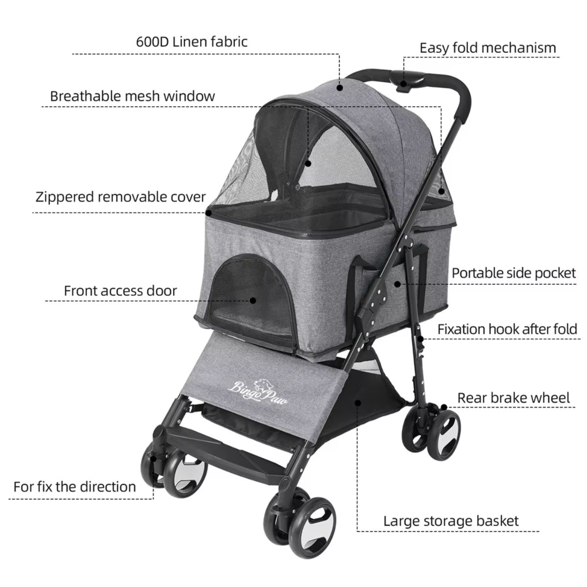 The Pet Dog Foldable Stroller with 4 Wheels and Rain Cover features gray 600D linen, a mesh window, zippered removable cover, front access door, easy folding, side pocket, fixation hook, rear brake wheel, and large storage basket.