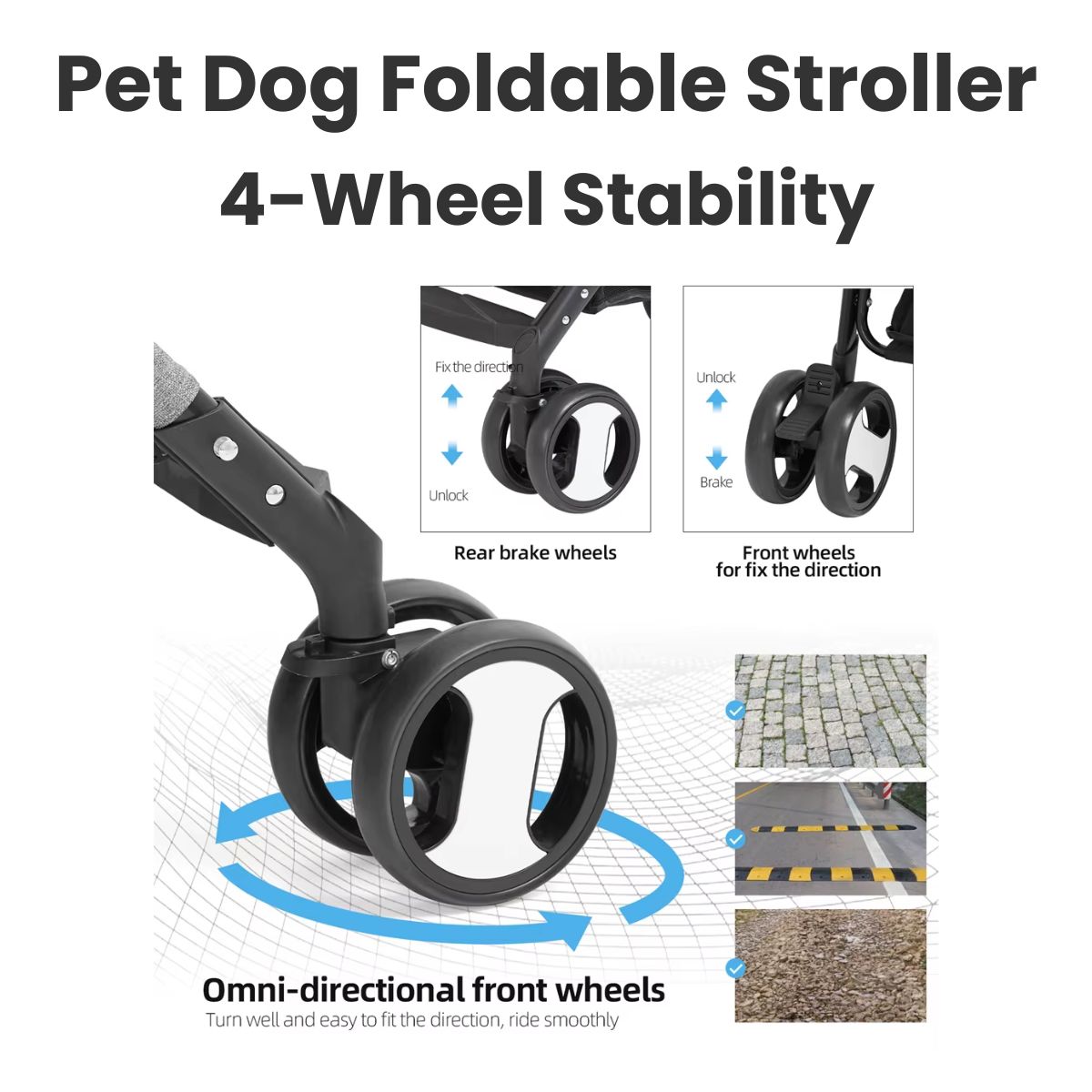 Close-up of the black Pet Dog Foldable Stroller with 4 Wheels and Rain Cover, highlighting rear brake and front wheels with lock/unlock arrows for stability and smooth rides on cobblestones, ramps, or any surface.