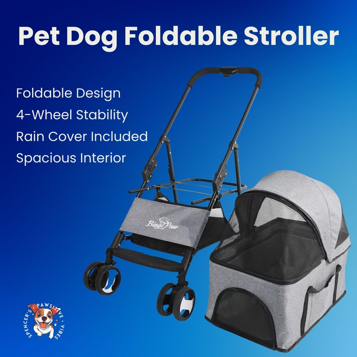 Pet Dog Foldable Stroller with 4 Wheels and Rain Cover