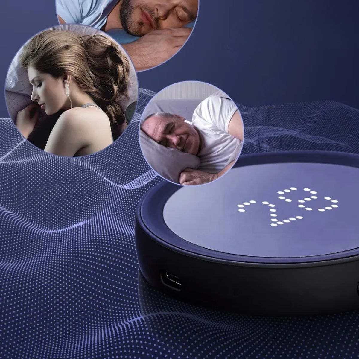 Portable relaxation sleep aid device with LED display shown beside images of people resting.