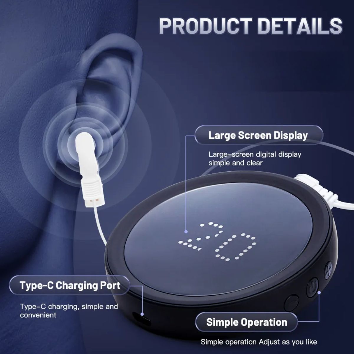 Product details graphic showing large screen display, ear-clip attachment and Type-C port on the relaxation device.