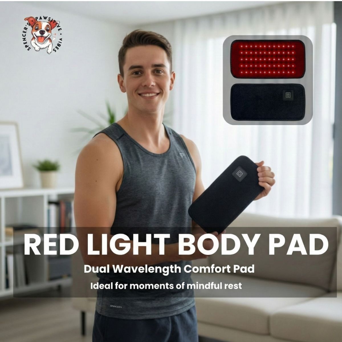 A man in a sleeveless shirt holds a black rectangular pad with a power button. Inset shows the pad glowing red. Text: Radiant Light Wrap – Red & Infrared Therapy Pad, perfect for mindful rest and relaxation moments.