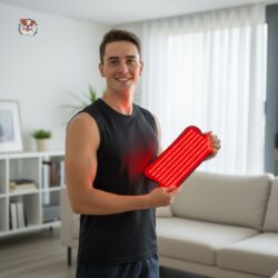 man in black vest holding the Red Light Blance Panel