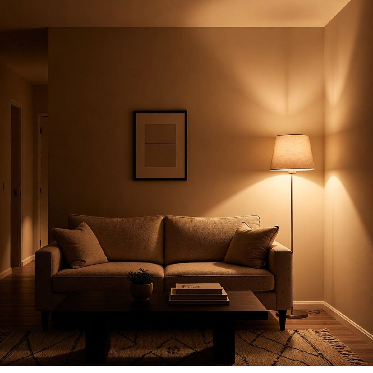 A warmly lit living room with a beige sofa, a black coffee table holding books and a small plant, a floor lamp casting a soft glow, and abstract art on the wall. A red light therapy panel adds to the cosy atmosphere and minimal décor.