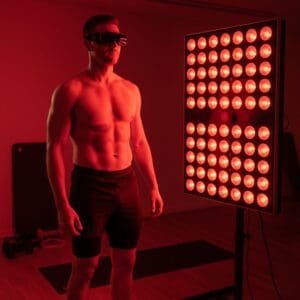 A man standing in from of a red light therapy device
