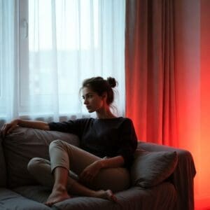 A young woman with brown hair in a bun sits barefoot on a grey sofa near a window with sheer white curtains. She wears a dark top and light trousers, gazing thoughtfully to the side as warm red light glows—a cosy touch to her evening routine.