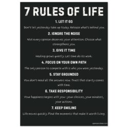 A3 ‘7 Rules of Life’ mindfulness poster featuring modern, minimalist typography on a soft off-white background, designed to bring calm and inspiration to any room.