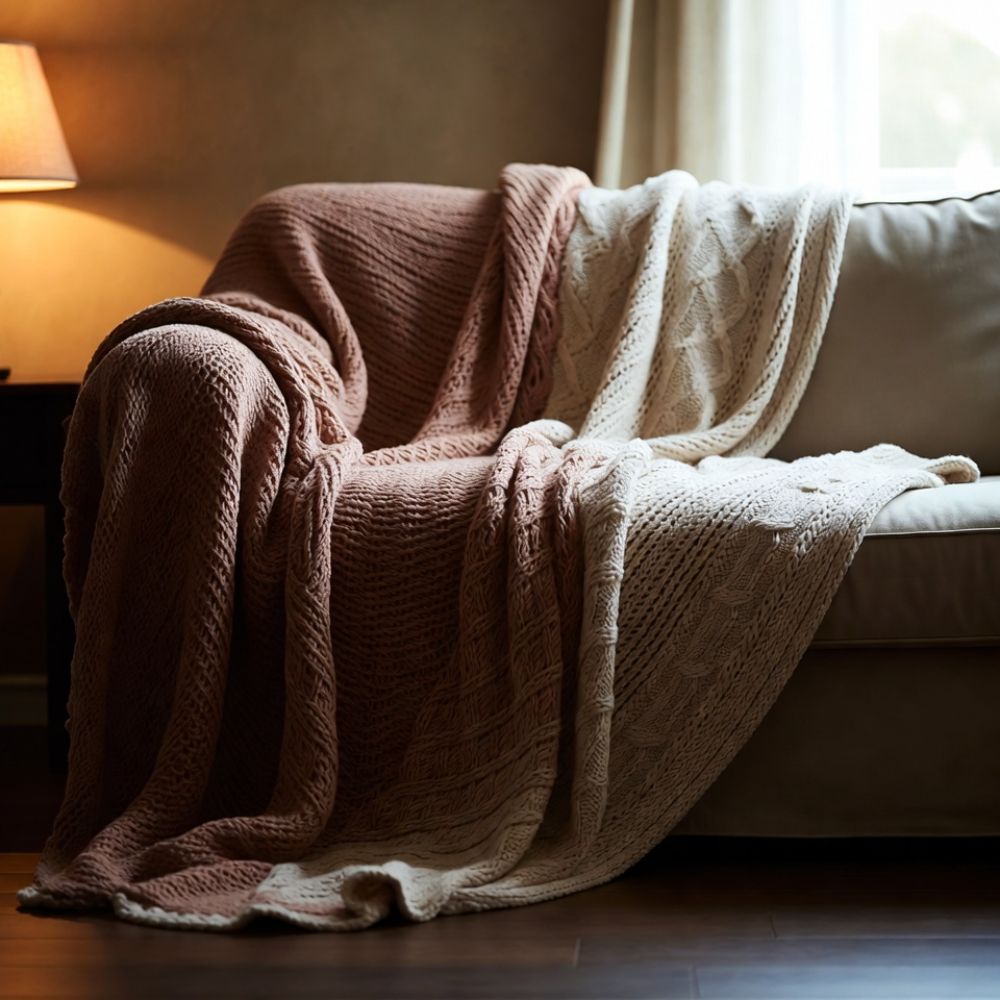 A cozy living room scene with a beige couch draped in two thick, cosy blankets—one rust-colored and one cream. Warm sunlight filters through a window, while a lighted lamp beside the sofa creates a soft, inviting atmosphere.