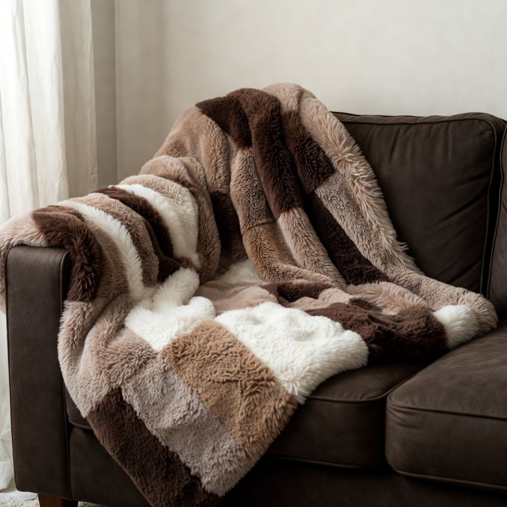A soft, fluffy throw blanket with wide, horizontal stripes in shades of brown, beige, and cream—one of our favourite cosy blankets—is draped over the arm and seat of a dark brown sofa. The light wall and sheer curtains create a warm, inviting setting.