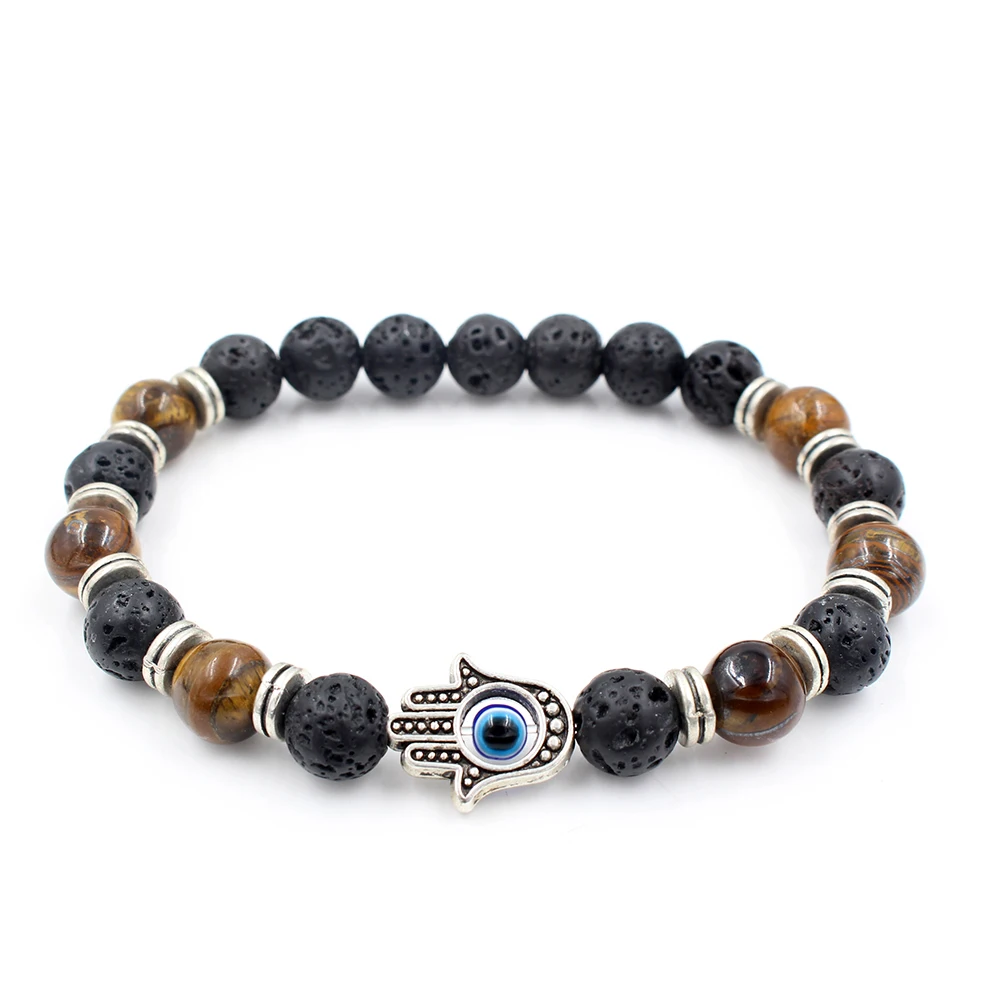 Tiger Eye & Lava Bead Bracelet | Hamsa Charm Design - Image 5