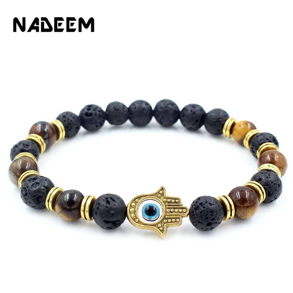 Tiger Eye & Lava Bead Bracelet | Hamsa Charm Design - Image 2