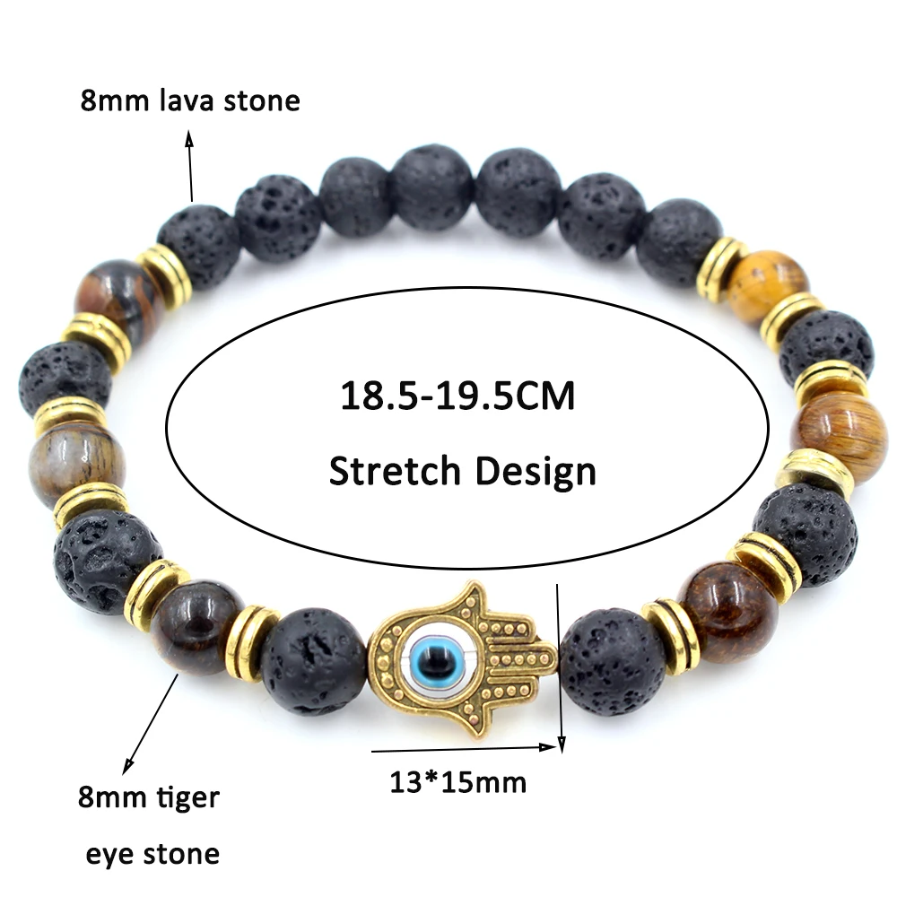 Tiger Eye & Lava Bead Bracelet | Hamsa Charm Design - Image 3
