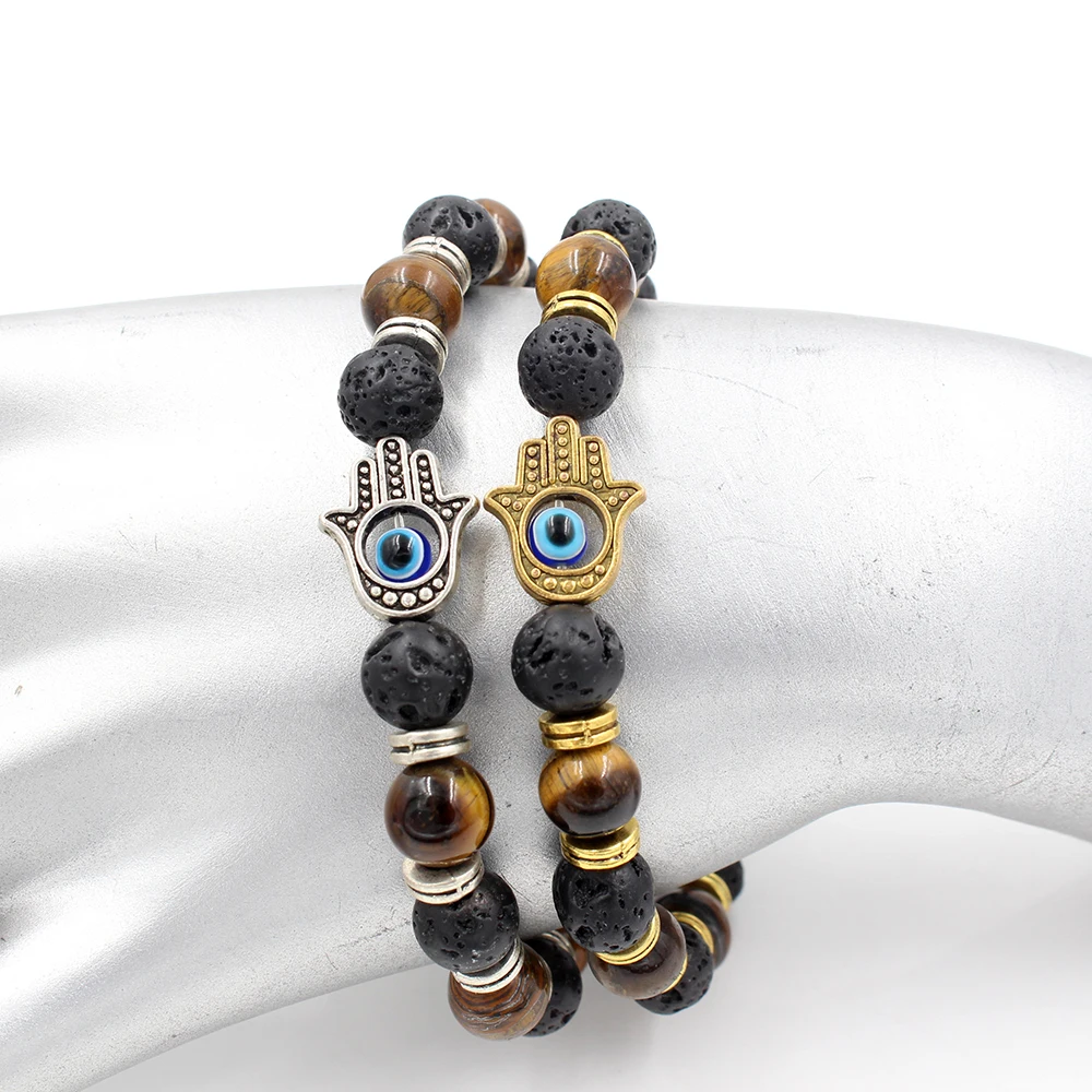 Tiger Eye & Lava Bead Bracelet | Hamsa Charm Design