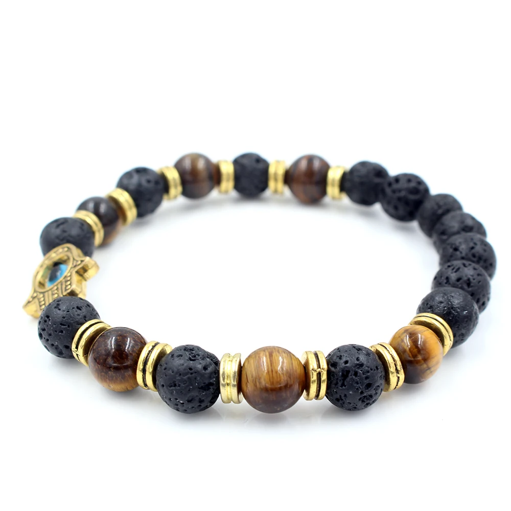 Tiger Eye & Lava Bead Bracelet | Hamsa Charm Design - Image 4