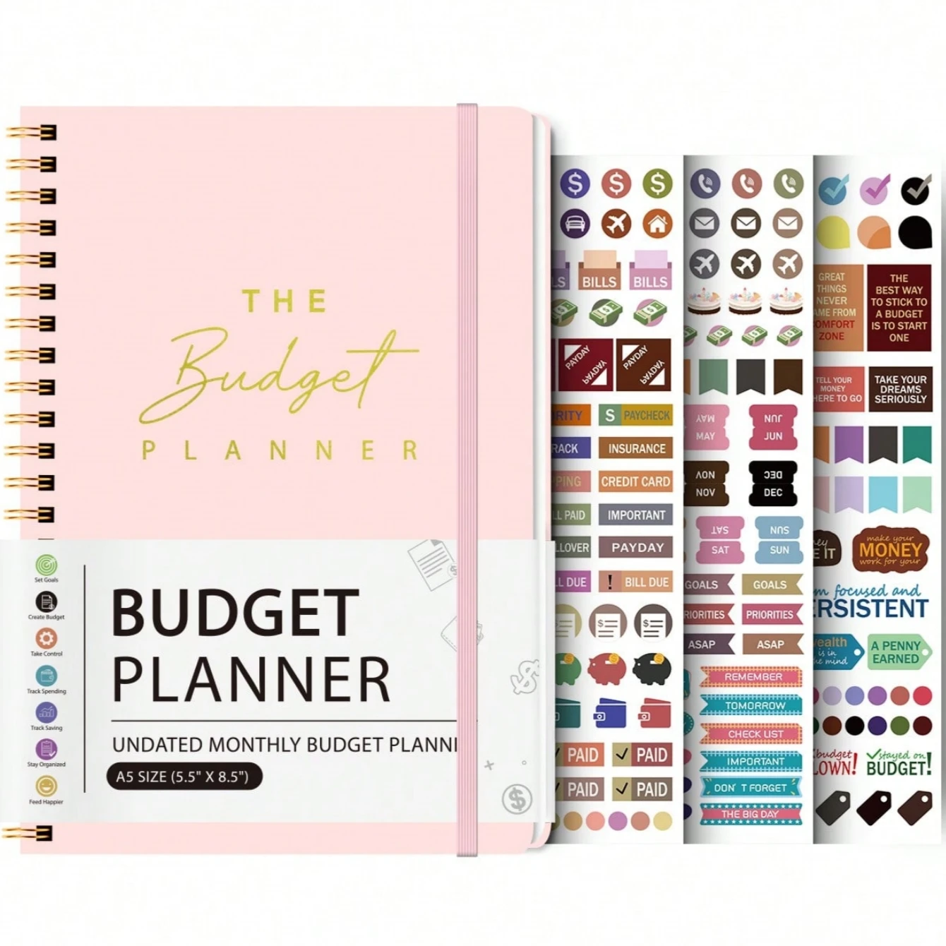 A5 pink budget planner book with spiral binding, waterproof hardcover, and financial tracking pages with 3 sheets of stickers.