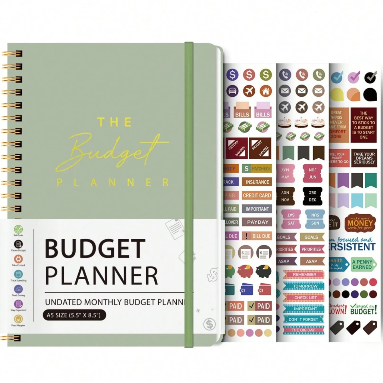A5 green budget planner book with spiral binding, waterproof hardcover, and financial tracking pages with stickers.