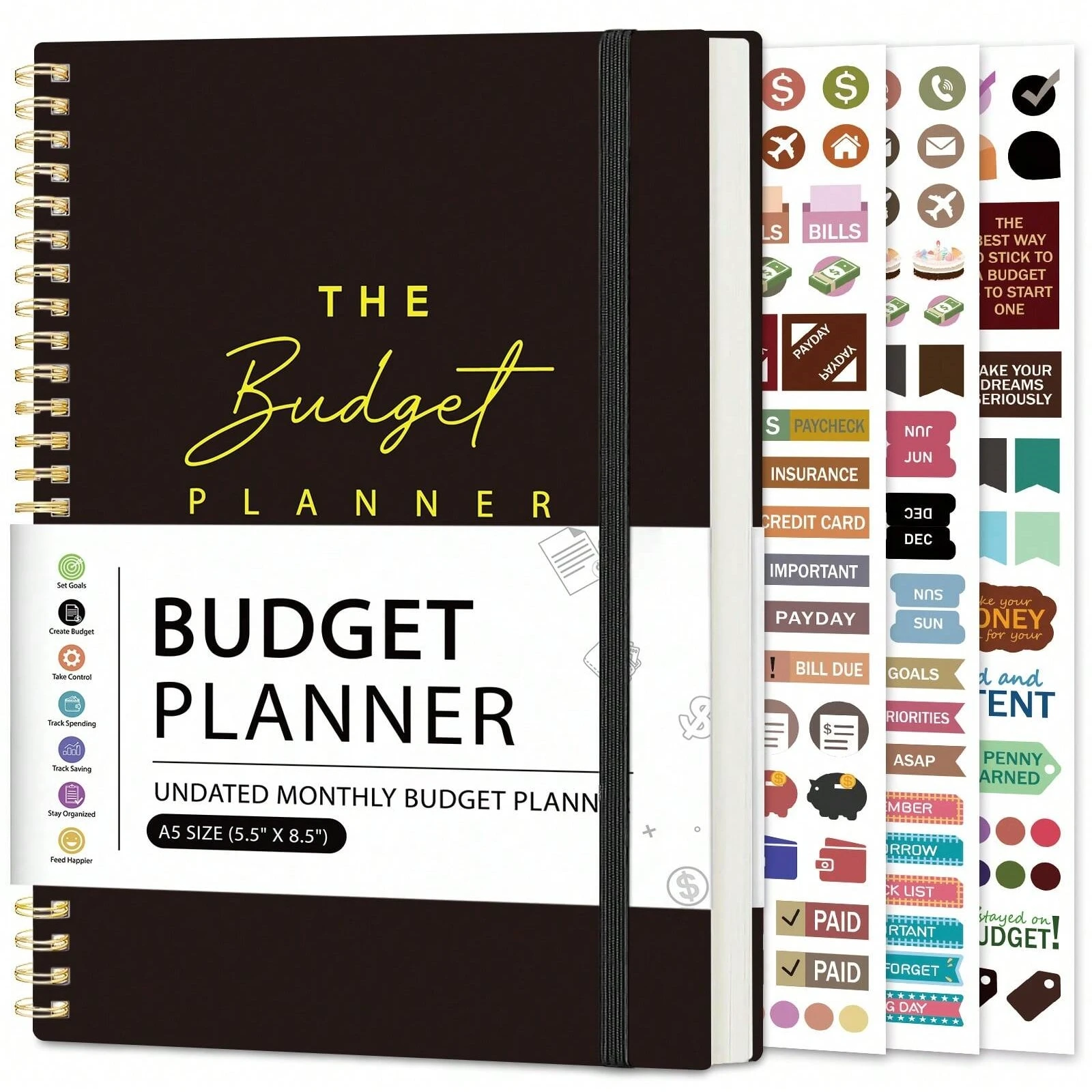 A5 black budget planner book with spiral binding, waterproof hardcover, and financial tracking pages with stickers.
