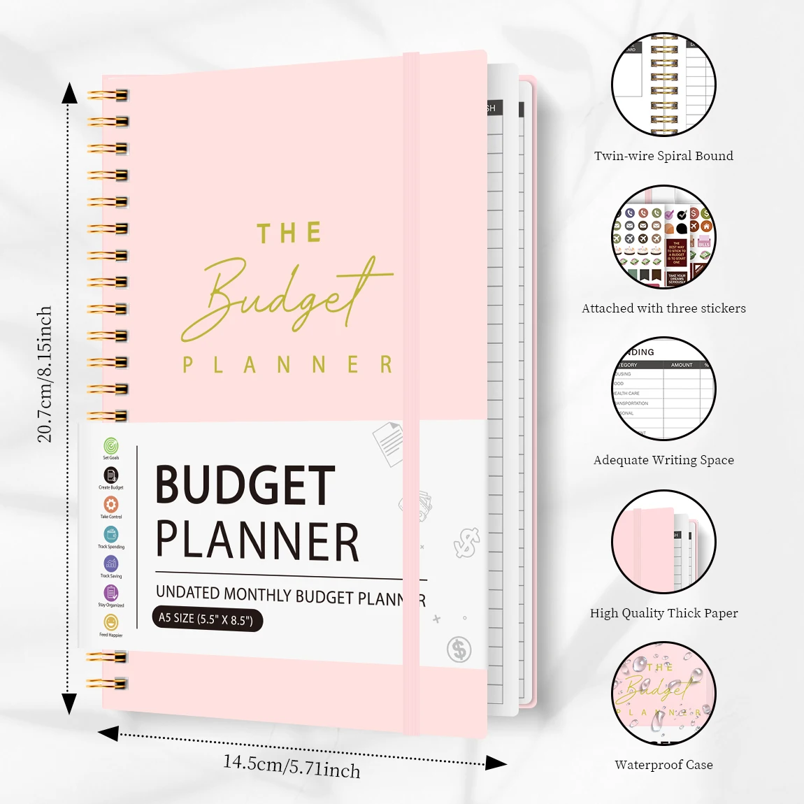 A5 pink budget planner book with spiral binding, waterproof hardcover, and financial tracking pages with stickers.