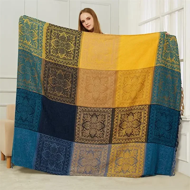 Large Boho Plaid Blanket | Chenille Jacquard Throw