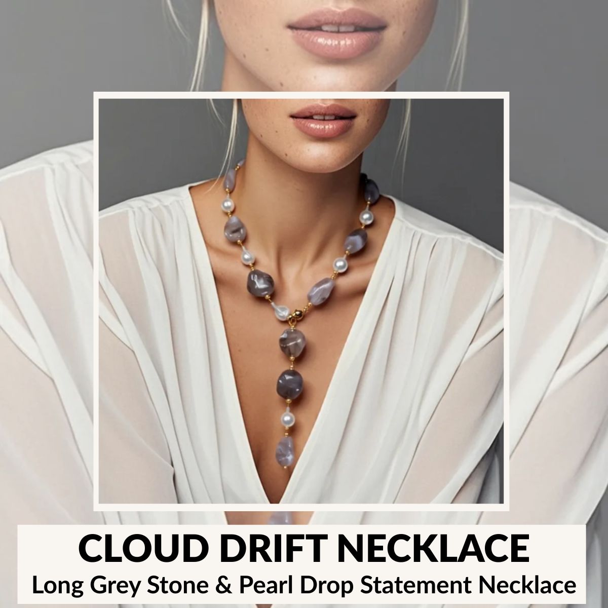 Cloud Drift Necklace – Long Grey Stone & Pearl Drop Statement Necklace