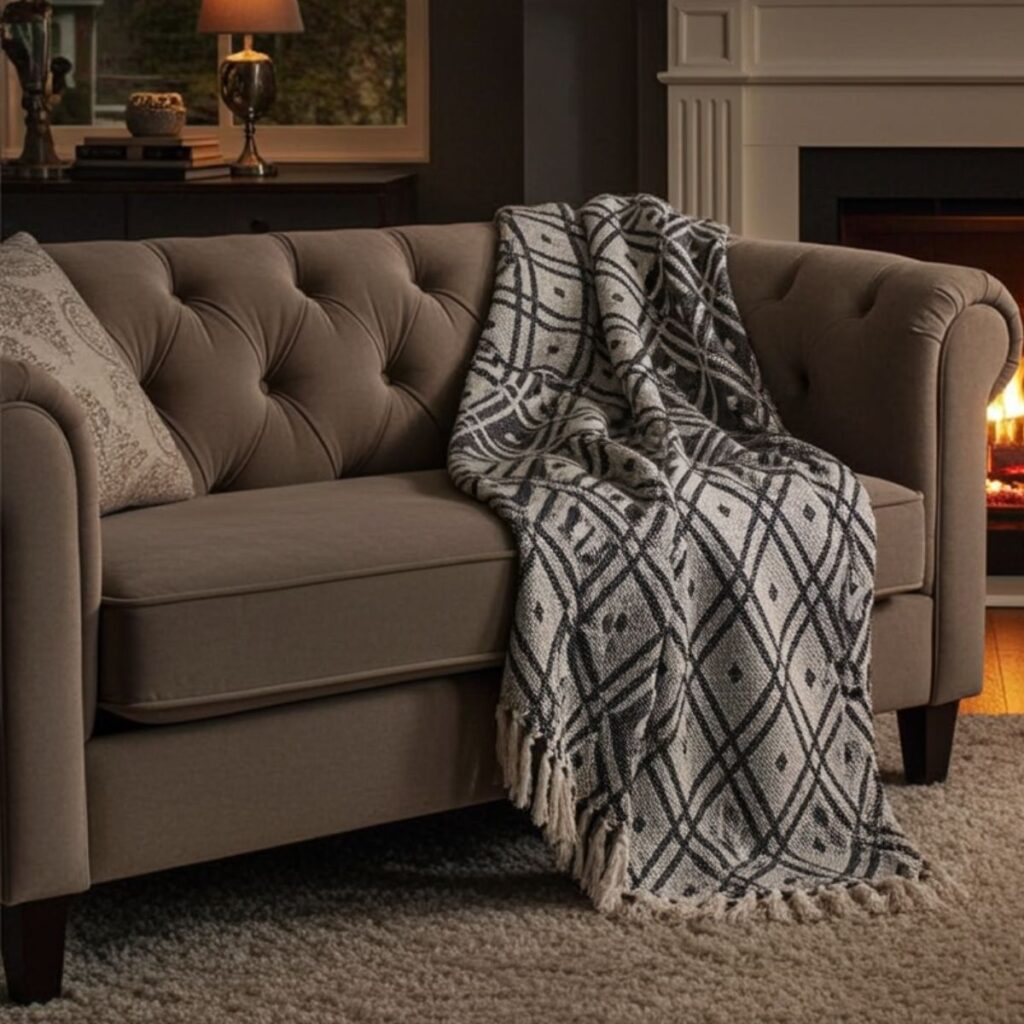 A tan tufted sofa with the Kinsley Regency Cotton Throw – Black & Beige draped over one arm sits on a plush rug, whilst a glowing fireplace in the background creates a warm and cosy living room atmosphere.