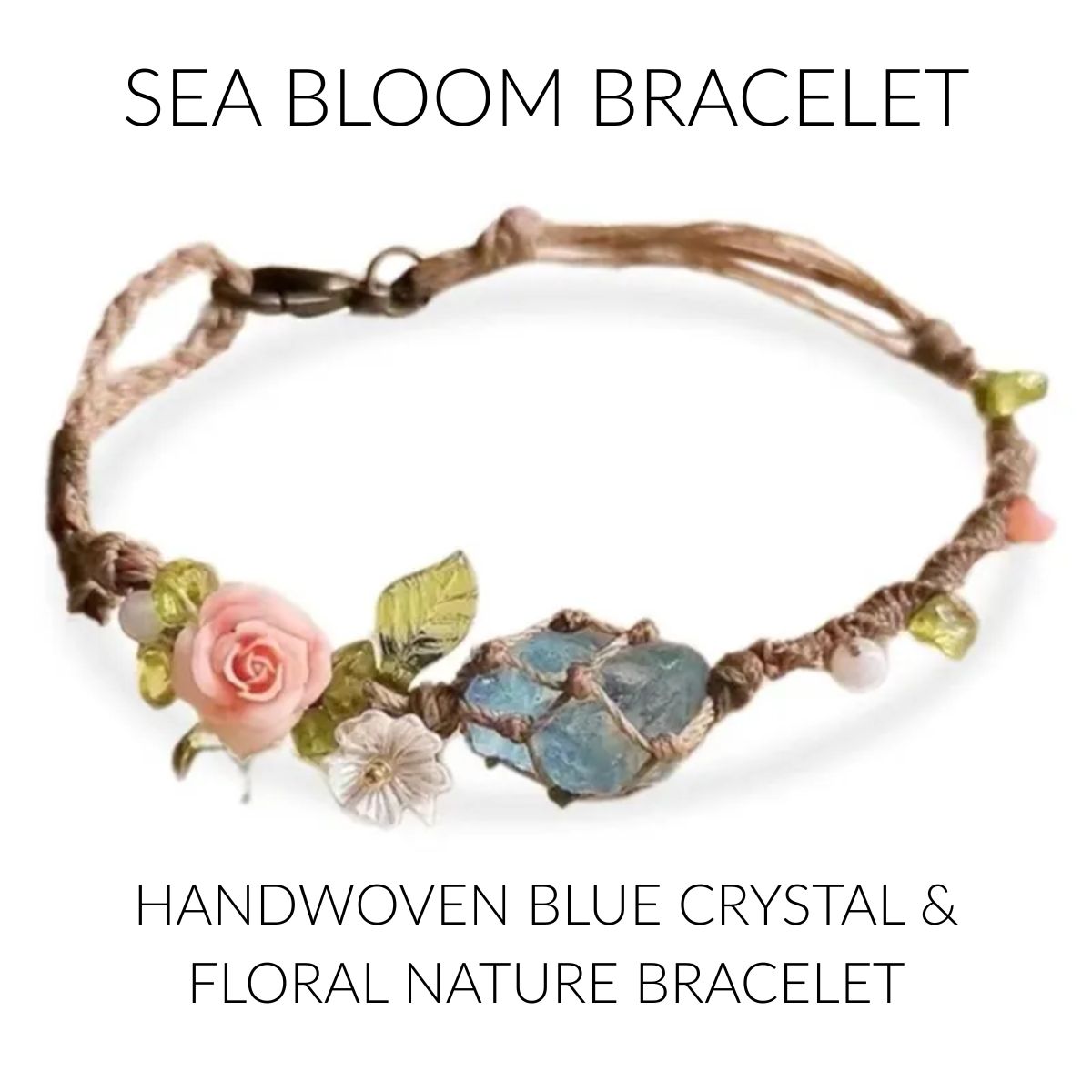 Sea Bloom Bracelet – Handwoven Blue Crystal & Floral Nature Bracelet