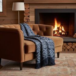 A cozy living room featuring a brown tufted sofa with the Boho Cotton Throw Blanket – Grey Geometric, a lit fireplace with stacked logs, floor lamp, wood-paneled walls, and a patterned rug.