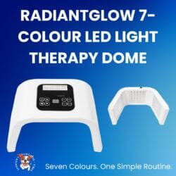 Two views of the white RadiantGlow 7-Colour LED Light Therapy Dome (UK-Shipped) with control panel and display are shown on a blue gradient background. The product name appears at the top, with logo and slogan beneath.
