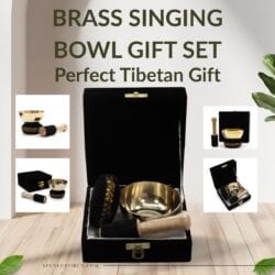The Brass Singing Bowl Gift Set 9cm with Cushion & Stick is elegantly displayed in a black box. Additional images show the closed and open set, plus each item on a light wood surface with green leaves above.