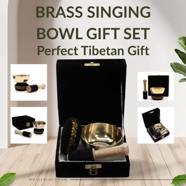 The Brass Singing Bowl Gift Set 9cm with Cushion & Stick is elegantly displayed in a black box. Additional images show the closed and open set, plus each item on a light wood surface with green leaves above.