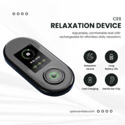 A sleek, black CES Sleep Aid device with a digital display and green button is shown. Icons highlight: long battery life, fast charging, gentle ear-clip. Text notes it’s adjustable and USB-rechargeable.