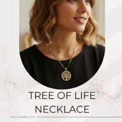 A woman with wavy, shoulder-length hair wears a black top and a Gold Life Tree Pendant Necklace | Stainless Steel Jewellery, featuring a round tree design. The product name appears below the image on a light speckled background.