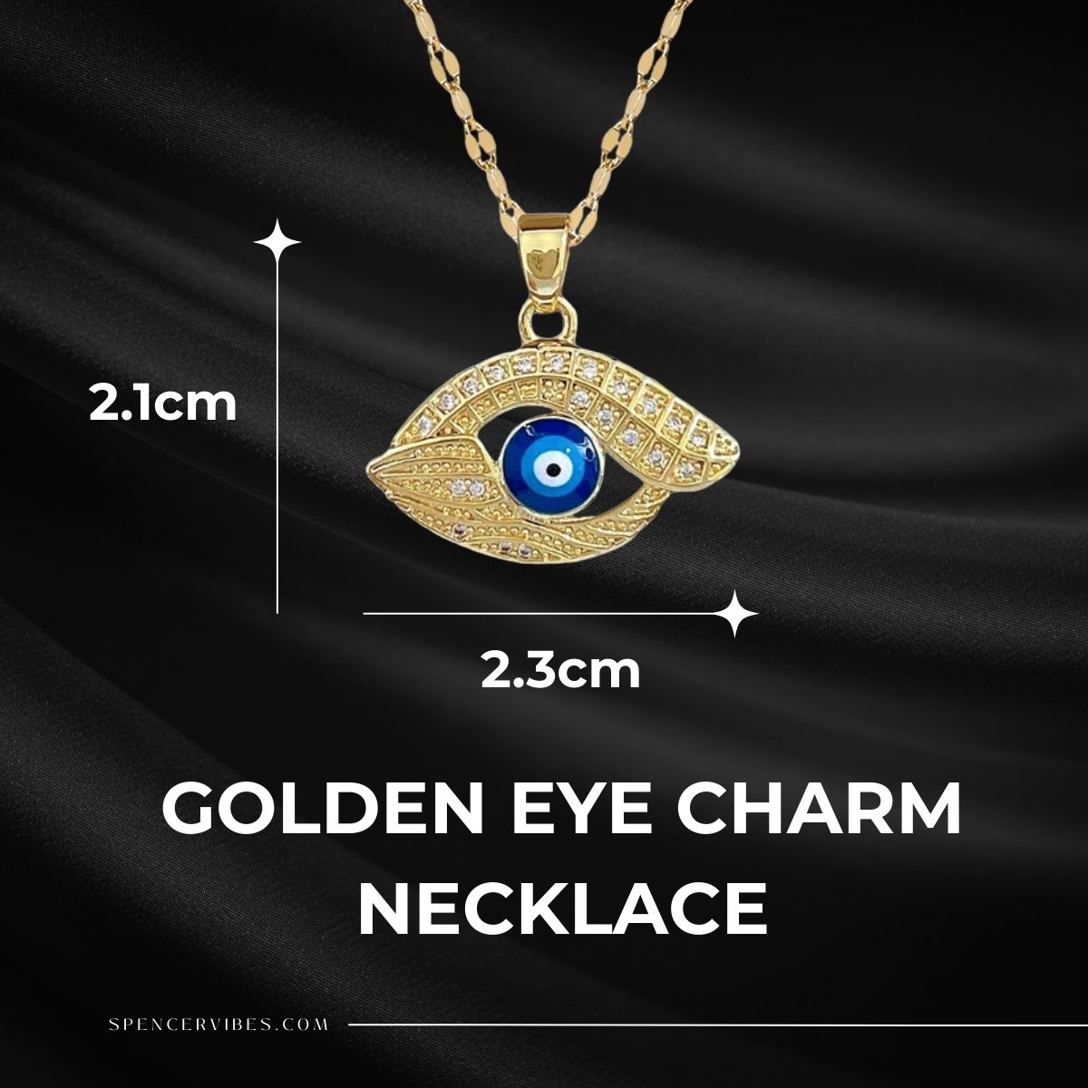 The Titanium Steel Devil's Eye Necklace for Women is a versatile choker chain featuring an elegant blue evil eye pendant adorned with clear stones, measuring 2.1 cm by 2.3 cm, displayed on black fabric with GOLDEN EYE CHARM NECKLACE text.