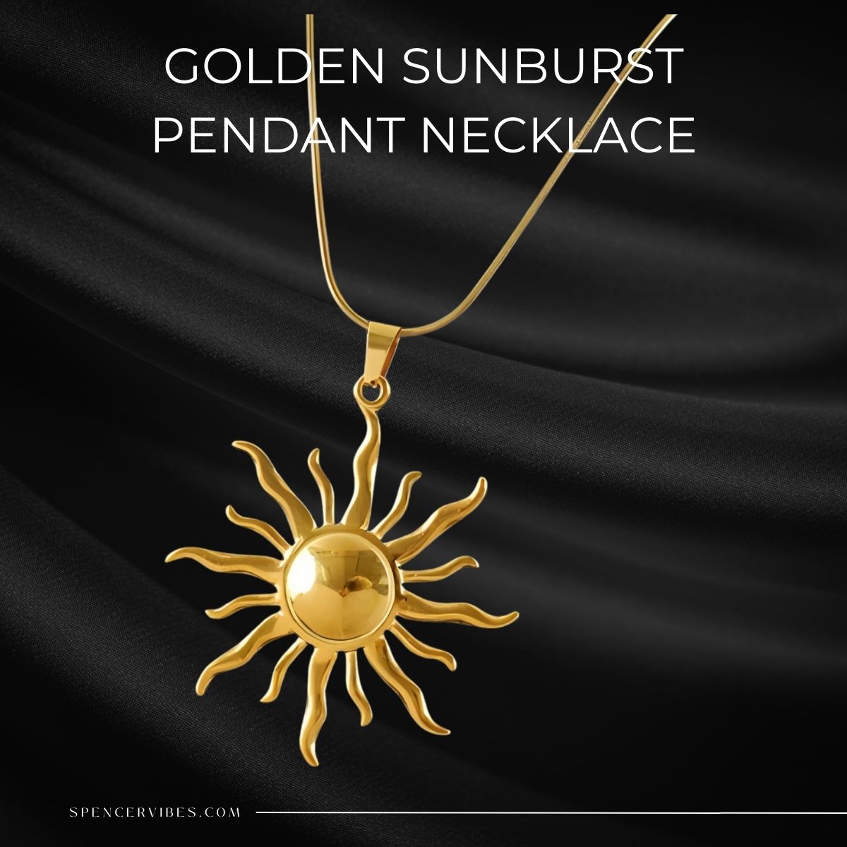 A shiny Golden Sunburst Pendant Necklace with wavy rays gleams over silky black fabric. "Golden Sunburst Pendant Necklace" is written above, with spencervibes.com in small text at the bottom left.