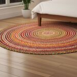 The Round Jute and Recycled Cotton Rug - 150 cm, featuring multicolored braided concentric circles, rests on light wood flooring beside a wooden bed. A potted plant by the window adds greenery to the room.
