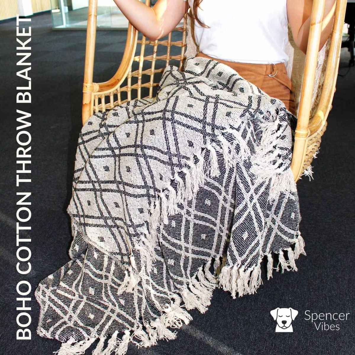 Boho Cotton Throw Blanket – Black & Beige Regency