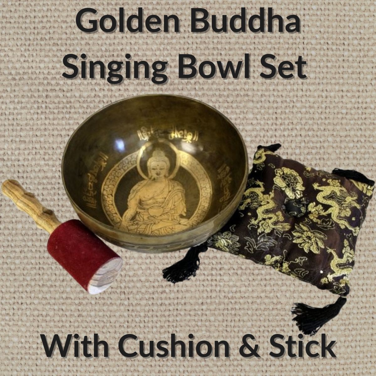 Golden Buddha Singing Bowl Set with Cushion & Stick