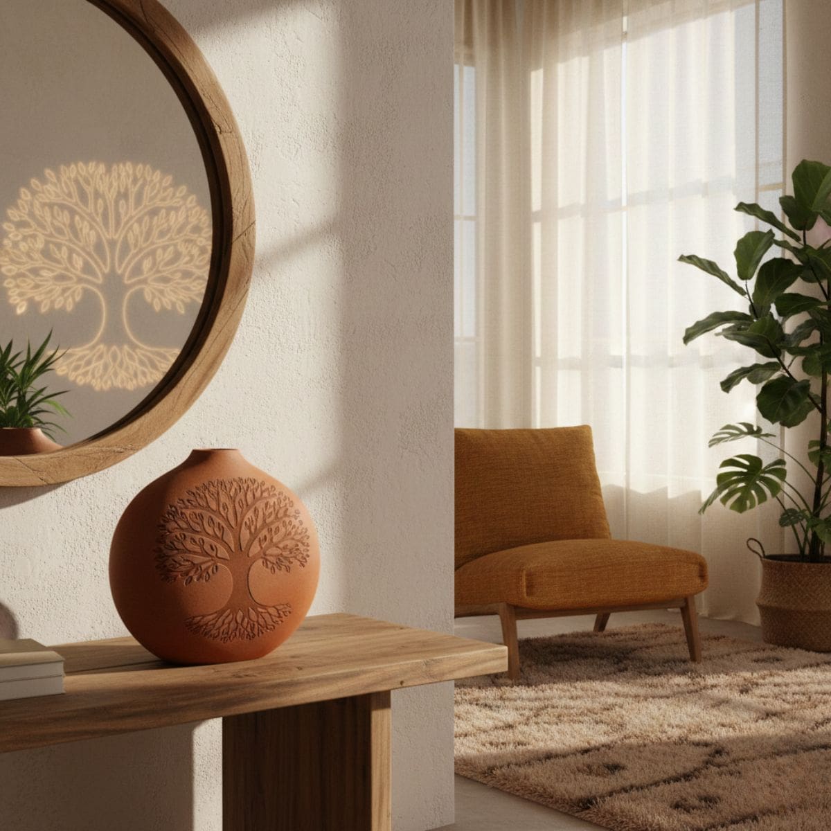 interior scene with soft natural light, warm earthy tones, and a subtle Tree of Life motif reflected in a decorative object, suggesting connection and grounding