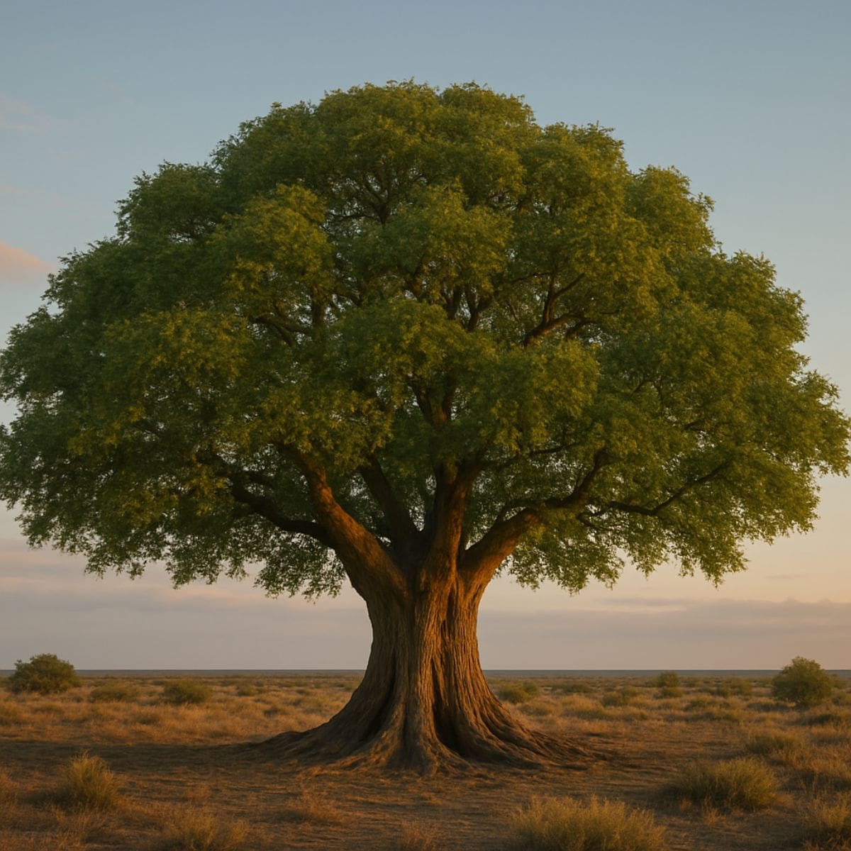 a sprawling old tree with textured bark and vibrant foliage, illuminated by soft golden sunlight over open grassland.