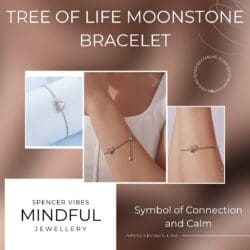 The 925 sterling silver Tree of Life Bracelet with Moonstone Heart is shown on different wrists, featuring a fine chain and adjustable clasp. Text: Tree of Life Moonstone Heart Bracelet—Symbol of Connection and Calm, Spencer Vibes Mindful Jewellery.
