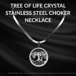 A Silver Crystal Tree Pendant Choker in Stainless Steel with an intricate tree of life design and sparkling crystals, showcased on a silky black background. Bold white text above reads: TREE OF LIFE CRYSTAL STAINLESS STEEL CHOKER NECKLACE.
