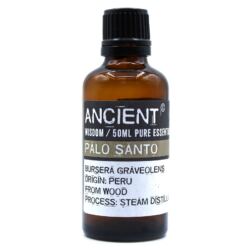 A brown glass bottle labeled ANCIENT PALO SANTO contains Palo Santo essential oil 50ml. The label notes its Peruvian origin, wood source, and steam distillation process. The bottle features a black cap.
