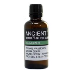 A brown glass bottle labeled Ancient Wisdom Marjoram Essential Oil 50ml. The white label states the oil’s Spanish origin, steam-distilled from leaves and flowers. The bottle features a black screw cap.