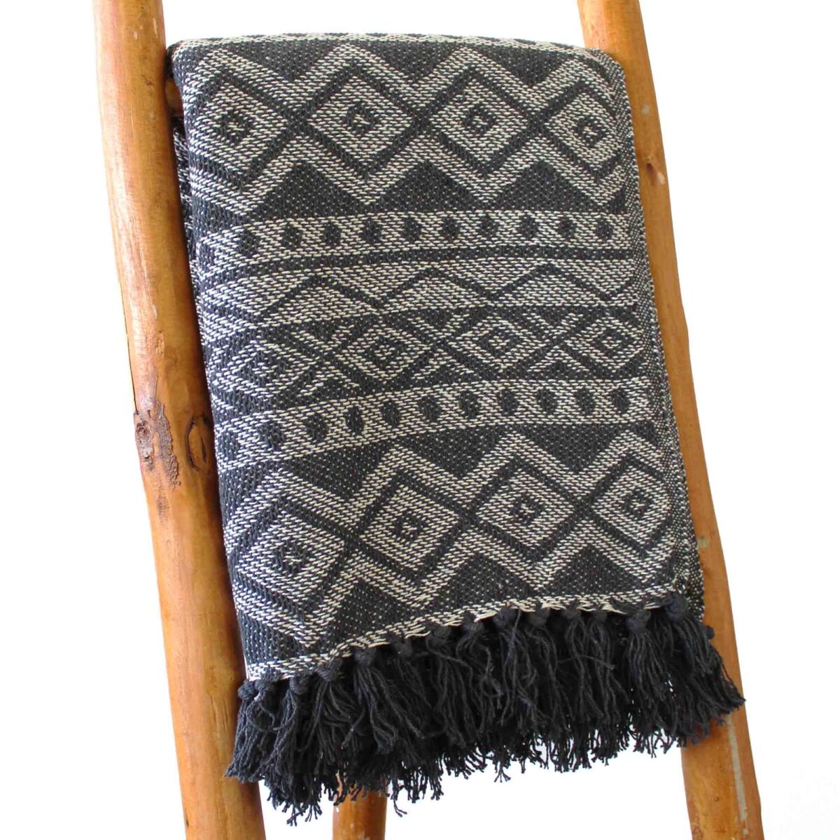 Boho Cotton Throw Blanket – Grey Geometric